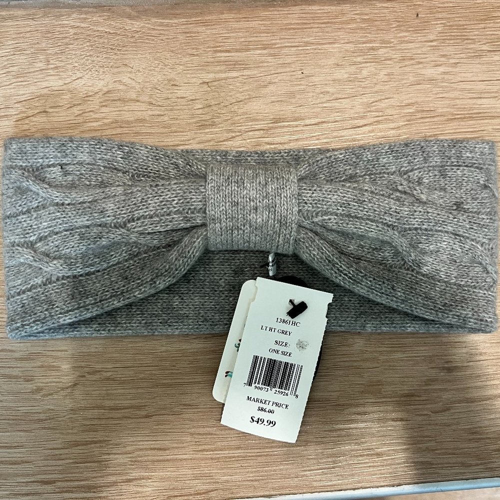 Women's Grey Portolano Winter Headband with Bow- 100% Cashmere.